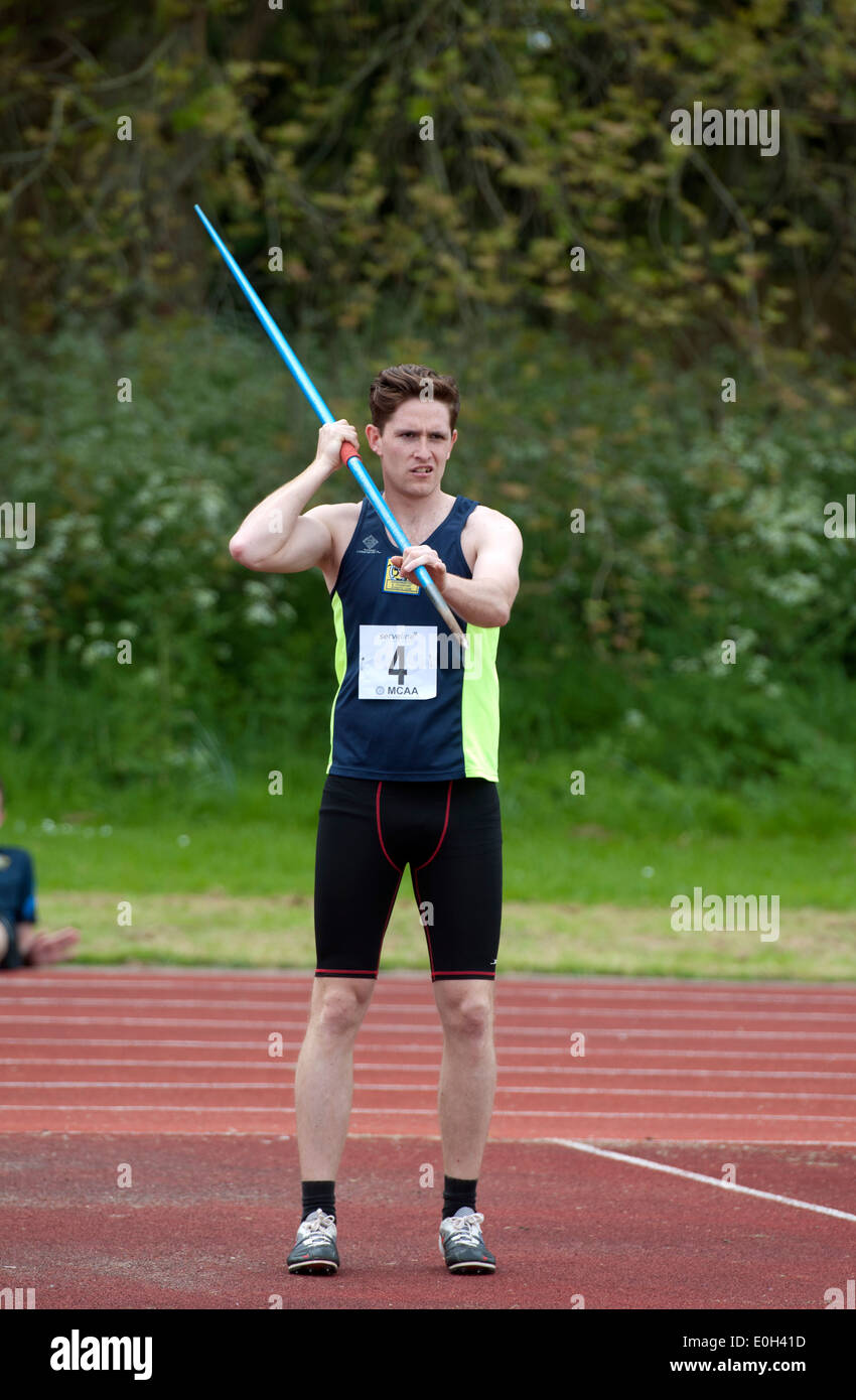 Athletics, competitor in men`s javelin at club level, UK Stock Photo